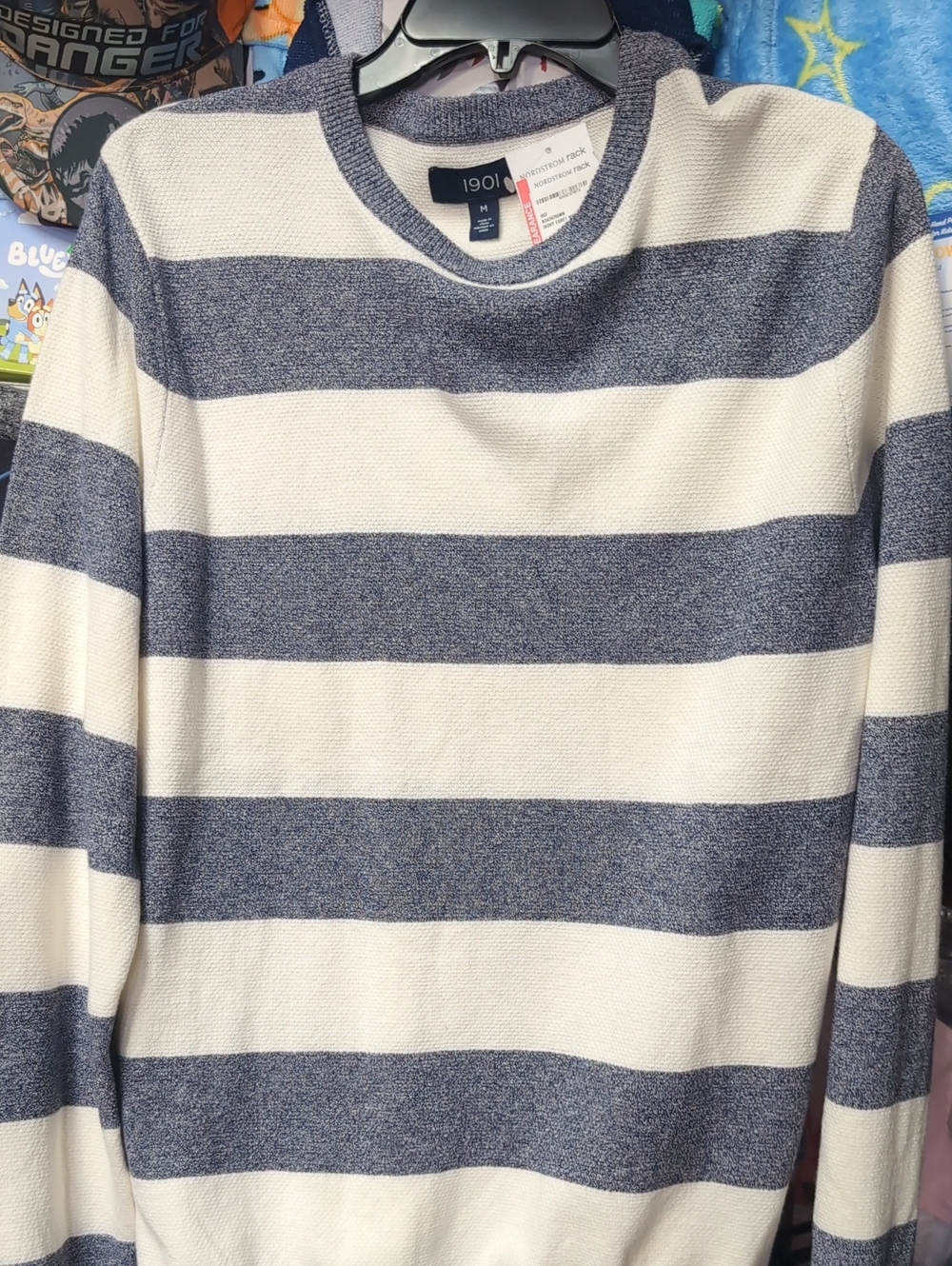 1901 Men's Grey and White Wide-Stripe Crewneck Sweater
